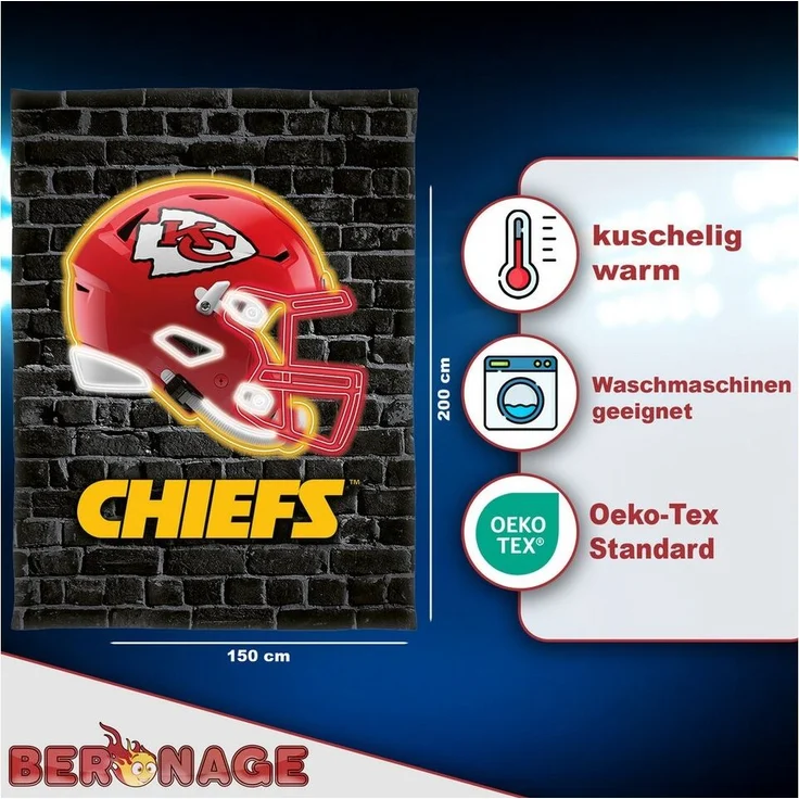 Wohndecke NFL Kansas City Chiefs Decke 150x200cm Wellsoft Kuscheldecke Wohndecke, BERONAGE, passend zur Bettwäsche, ideal für Sofa, Couch, Bett, Auto, Camping – Bild 1