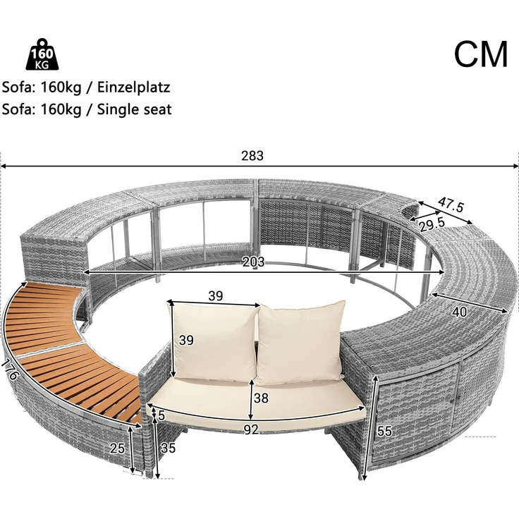 Merax Garten-Lounge-Set mit runder Couch, Gartenmöbel-Set, Poolumrandung, Lounge-Set, für Whirlpool und Pool, mit verstellbaren Füßen, inklusive Kissen, Möbel für Terrasse, Garten oder Poolbereich – Bild 3
