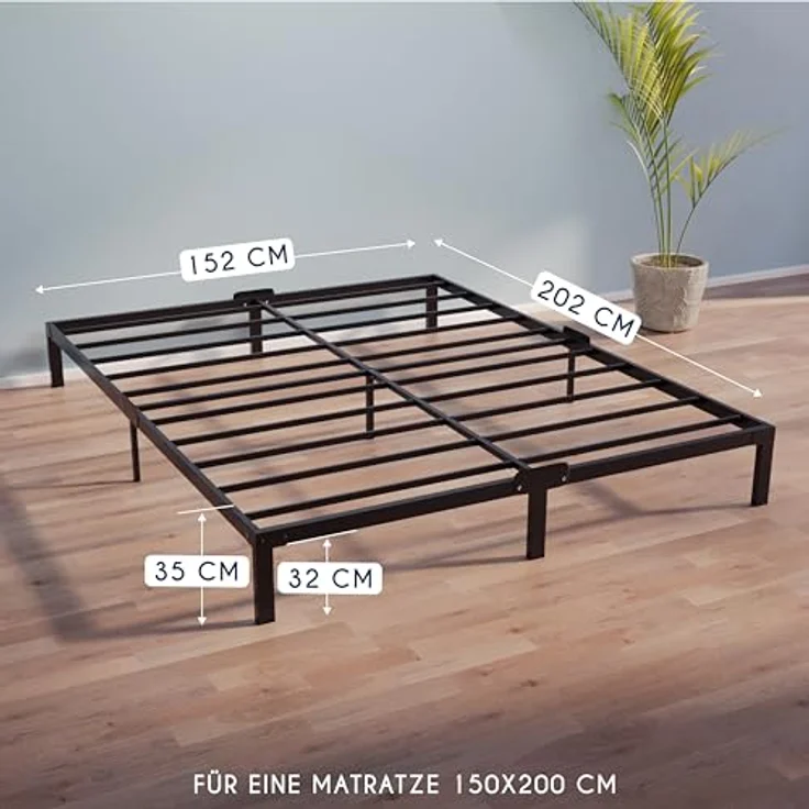 Dreamzie Bett 150x200 aus Metall - Bettgestell 150x200 für Matratze, Höche 35 cm - Großer Stauraum, Leicht zu Montieren und Stabil - Schwarzer Lattenrost – Bild 3
