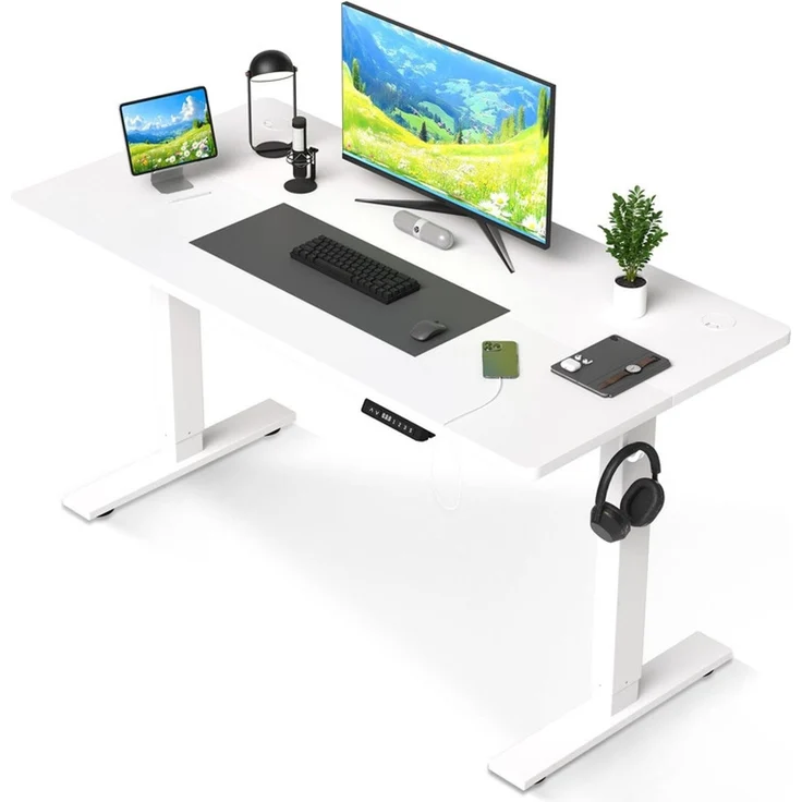 HOMAVO höhenverstellbarer Schreibtisch 80×180 cm, mit Memory- und Anti-Kollisionsfunktion, USB-A- und USB-C-Anschlüssen, Höhe 70–120 cm, Weiß – Bild 1