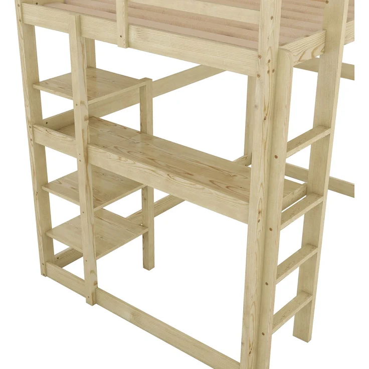 Hochbett 140x200 cm mit Schreibtisch und 4 Ablagefächern, Kinderbett Doppelbett aus massivem Kiefernholz,mit Stauraum,Natur – Bild 10