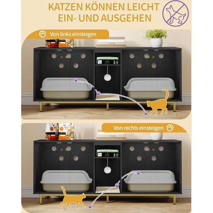 Katzenschrank für 2 Katzen, Katzenklo Schrank, Katzenhaus Versteckt mit Doppelräumen, Mit Stauraum, Plüschbälle, Kann als Fernsehschrank, 140 x 48 x 62 cm, Schwarz und Gold – Bild 6