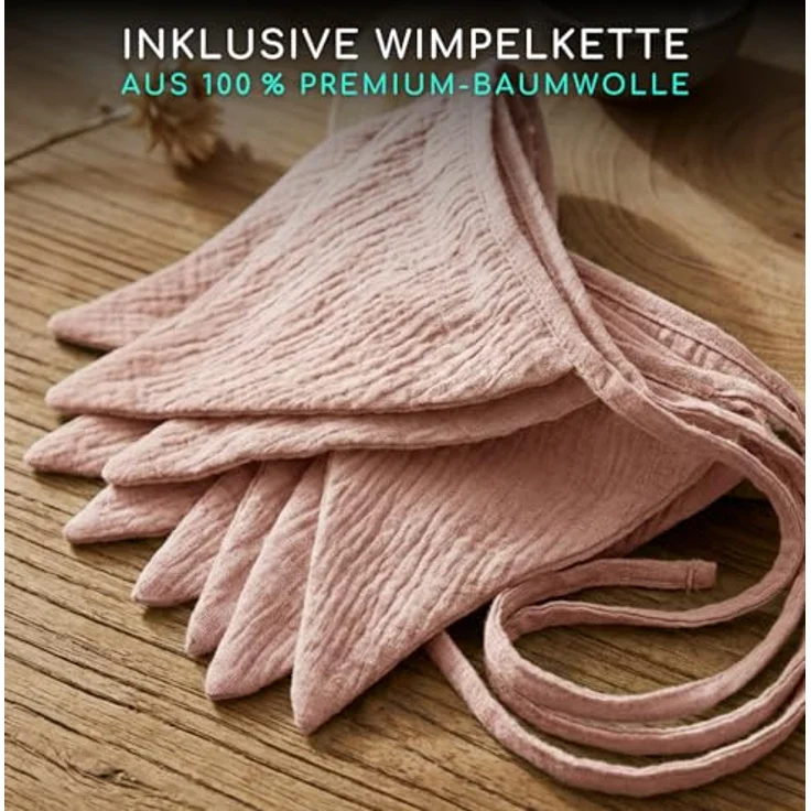 Alavya Home® Betthimmel Dekoset (2 Stück Betthimmel 1 Stück Wimpelkette 300cm cm lang mit 9 Stück Wimpeln, 3-tlg), Dekoset aus 100% Bio-Musselin Baumwolle 125x350 cm – Bild 4