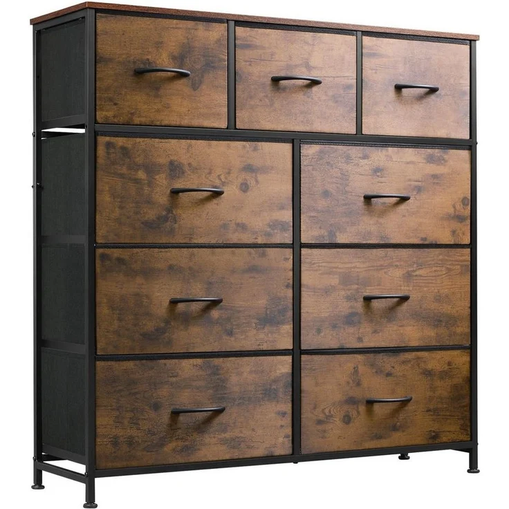WLIVE Kommode kleiderschrank, 9 Schubladen mit Griffen, (Stauraumschrank Kommode mit Stoffschubladen), Modernes Sideboard, 100 × 30 × 102 cm, Vintagebraun-Schwarz – Bild 5