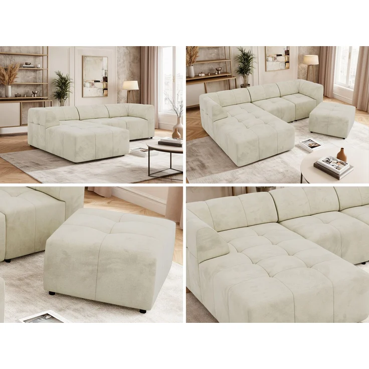 Modernes Wohnzimmer Sofa mit Hocker VORITA 4M L Freistehendes Ecksofa, L-Couch, Gepolstertes Sofa, Wellenfedern, Wohnlandschaft - Beige Velvet - Links – Bild 2