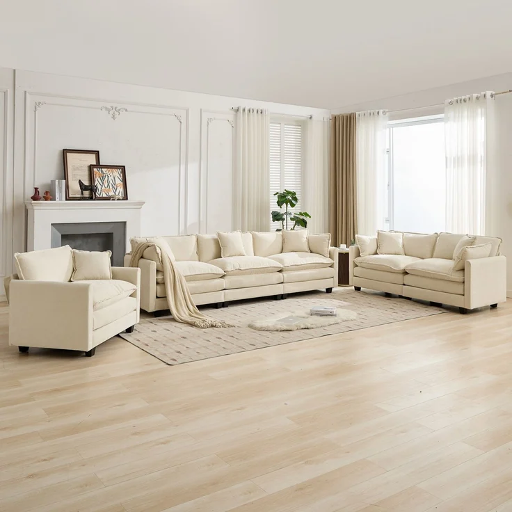 ZUBALIYA Sofa mit LED - Beleuchtung, mit Chenille - Bezug, mit Cordbezug, modular aufgebaut, aus Chenille, Beige – Bild 21