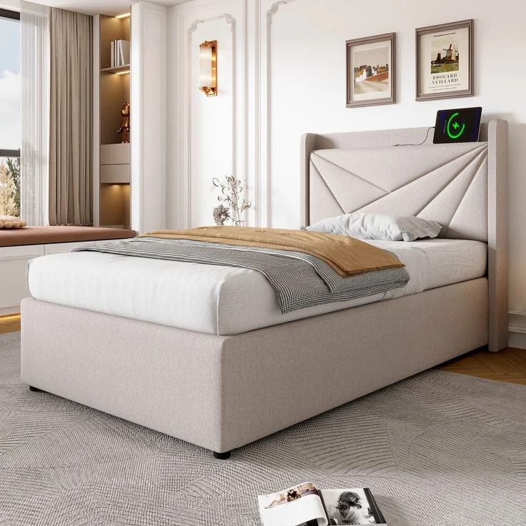Rayofly-Leinen Polster-Einzelbett H200cm x T90cm x B90cm, Stauraum-Bettkasten, USB & Typ-C Lade-Kopfteil, Lattenrost, ohne Matratze, Beige – Bild 5