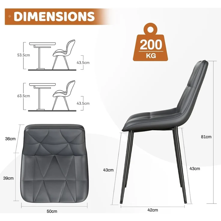 Clevich Esszimmerstühle 4er Set, Bis 200 kg, PU Polsterstuhl, Metallbeine, Stabil, Komfortabel, Einfache Montage, Küchenstühle 81 x 57 x 50CM (Grau, 4 Stück) – Bild 3