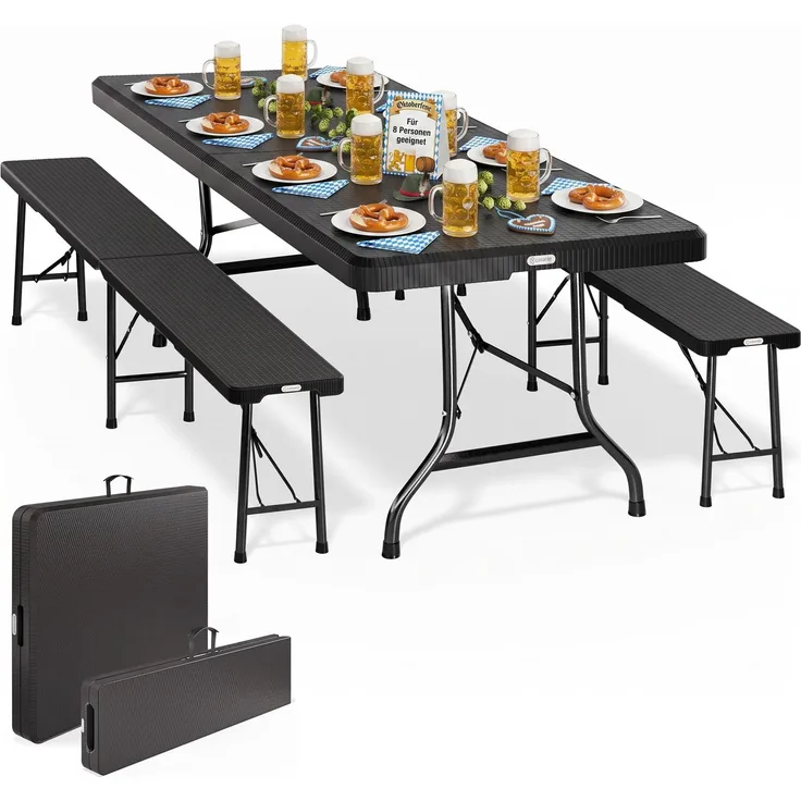 Casaria 'Malmö' Bierzeltgarnitur, 3-teilig, klappbar, Polyrattan schwarz, 180 x 75 x 73 cm