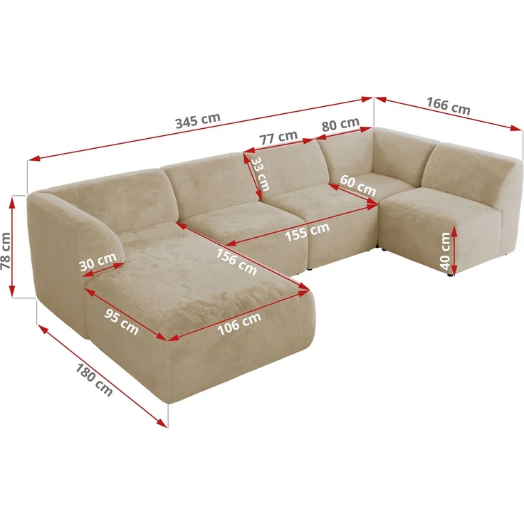 Modulares XXL-Ecksofa MODARO 5M, U-Form, Wohnlandschaft, 5-teilig, freistehend, Wohnzimmer Couch, HR-Schaumstoff - Creme Plüsch - Links – Bild 6