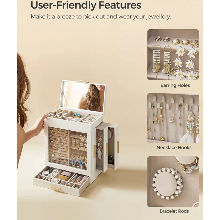 Songmics Schmuckkästchen, Schmuckkasten 5 Ebenen, Schmuckbox, Glasfenster, seitliche Schubladen, großer Spiegel, Schmuckaufbewahrung, 15,5 x 26,1 x 32 cm, wolkenweiß-metallisches Gold JBC162W01 – Bild 5