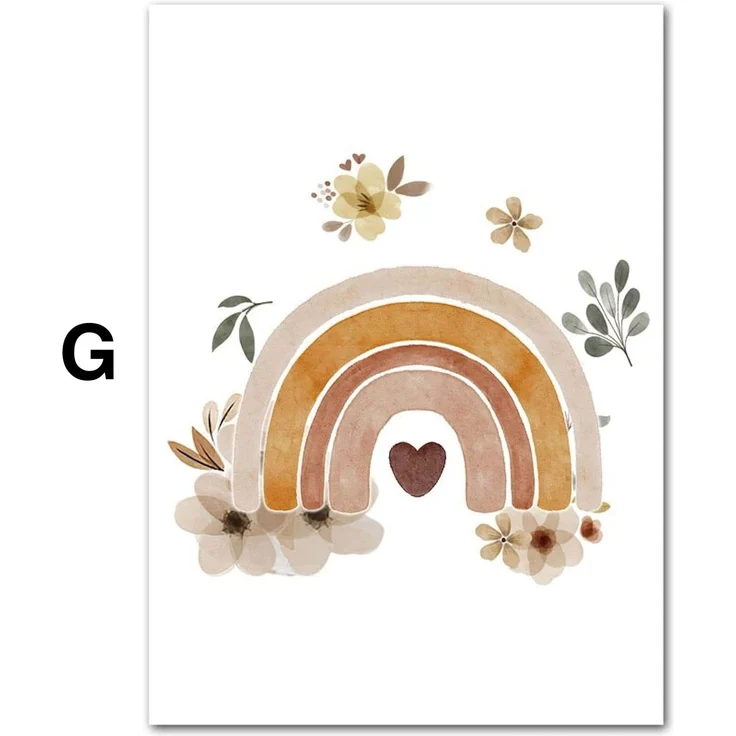 Poster Kinder süße Tiere im Boho Stil Nilpferd Elefant Löwe Regenbogen Sonne und Mond als Deko Print ohne Rahmen - G / 50X70cm