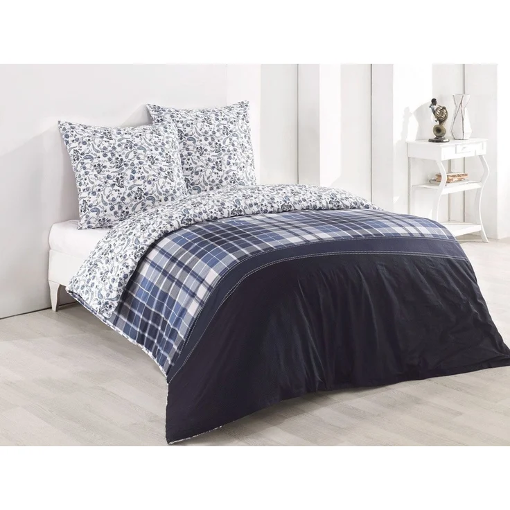 Buymax Bettwäsche Wende-Bettwäsche, Pablo, Renforce: 100% Baumwolle, 3 teilig, 200x200 cm, Bettbezug-Set, mit Reißverschluss, Blumen, Karo, Weiß Blau – Bild 1