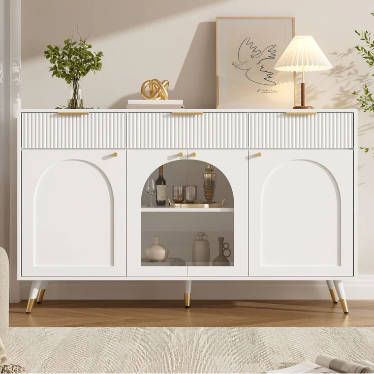 DESVIAE Sideboard Weiß aus MDF/Spanplatte – 140x85,5x40 cm – 4 Türen, 3 Schubladen – Bild 5