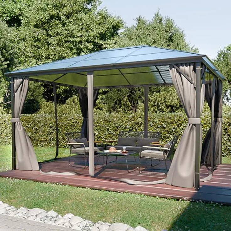 GARMIO Pavillon Rom, Metallgestell mit 4 Säulen, Schwarz, wasserdicht, UV-Schutz, mit Vorhang und Mückennetz, 3x4m, 2,7m Höhe, inklusive Montagezubehör
