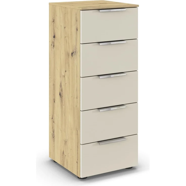 Rauch Möbel Flipp, Kommode für Schlafzimmer, Kinderzimmer, Wohnzimmer, Jugendzimmer, Flur, Garderobe, 5 Schubladen, mit Softclose Funktion, Farbe Eiche Artisan, Holz/Beige, Breite 40 cm