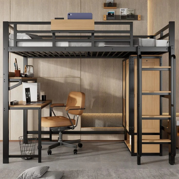 Hochbett mit, Schreibtisch, Regal, Kleiderschrank, Lattenrost, Leiter, Rausfallschutz und Aufbewahrungsbox, 90x200cm, Kinderbett, Metallbett – Bild 2
