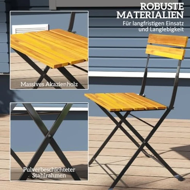 Outsunny Balkonset Esstisch mit 2 klappbare Stühle, Bistroset mit Stahlgestell, (Sitzgruppe, 3-tlg, Essgruppe), für Terrasse, Balkon Teak – Bild 4