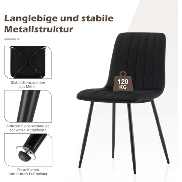 TUKAILAI Esszimmerstühle 2er Set, Beigefarbene Samt-Esszimmerstühle，Bequemer Polsterstuhl，Mit rutschfesten Metallfüßen (Schwarz) – Bild 8