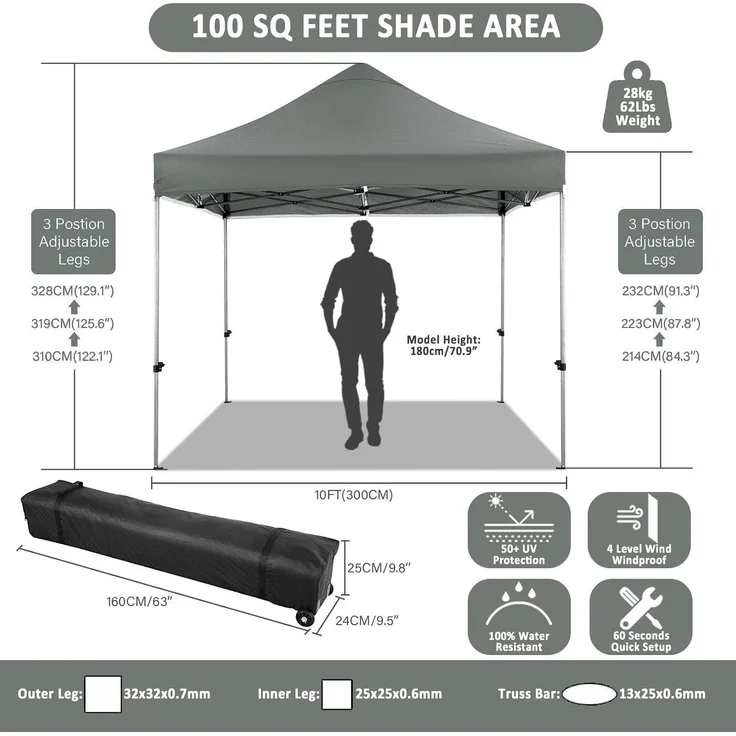 COBIZI Pavillon 3x3 Wasserdicht Stabil Winterfest mit Seitenwand u Sandsack,Popup Faltpavillon Partyzelt,Sonnenschutz Gartenpavillon für Strand Hochzeit Camping mit Tasche mit Rollen(3 mal 3m Grau) – Bild 4