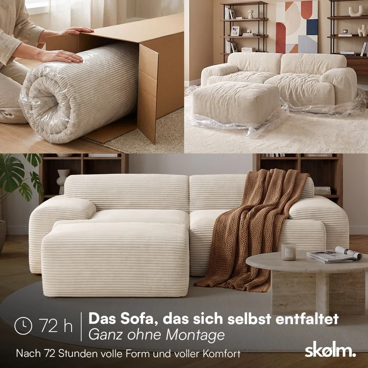 skølm 'Menja' Sofa 2-tlg mit Hocker, 2er Sitz mit 2 Kissen, Cord beige, Vollschaumcouch mit Federkern und Vakuum-Kompression, kein Aufbau erforderlich – Bild 3