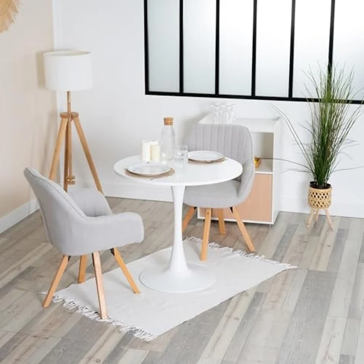 MEUBLE COSY Esstisch mit 2 Esszimmerstühle Drehbar, Essgruppen, 3er-Set, Runder Esstisch, Küchentisch mit 2 Essstühlen, Stahlgestell, für Esszimmer Küche Wohnzimmer, Weiß + Beige – Bild 2