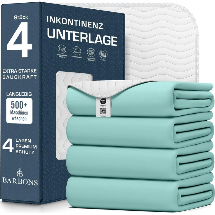 Barbons Inkontinenzunterlage waschbar Matratzenschutz 50x70 4er - wasserdichte Bett Inkontinenzauflage matratzenauflage Bettunterlage waschbar nässeschutz matratzenauflage (50x70 cm - 4er)