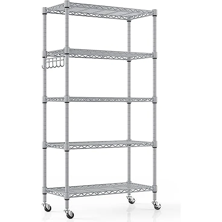 Regal mit 5 Regalböden und Rädern, Robustes Metalldrahtregal mit Haken, höhenverstellbar, für Badezimmer, Küche, Garage (76 x 35 x 158 cm), Silber – Bild 2