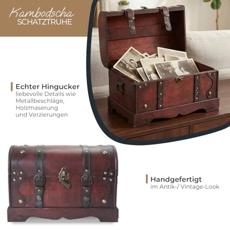 HMF Schatzkiste Schatztruhe aus Holz mit Metallschloss, dekorative Holztruhe 40 x 23 x 27 cm, Kambodscha – Bild 3