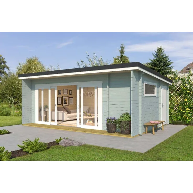 Lasita Maja Gartenhaus Java ISO Gartenhaus aus Holz in Grau Holzhaus mit 44 mm Wandstärke Blockbohlenhaus mit Montagematerial