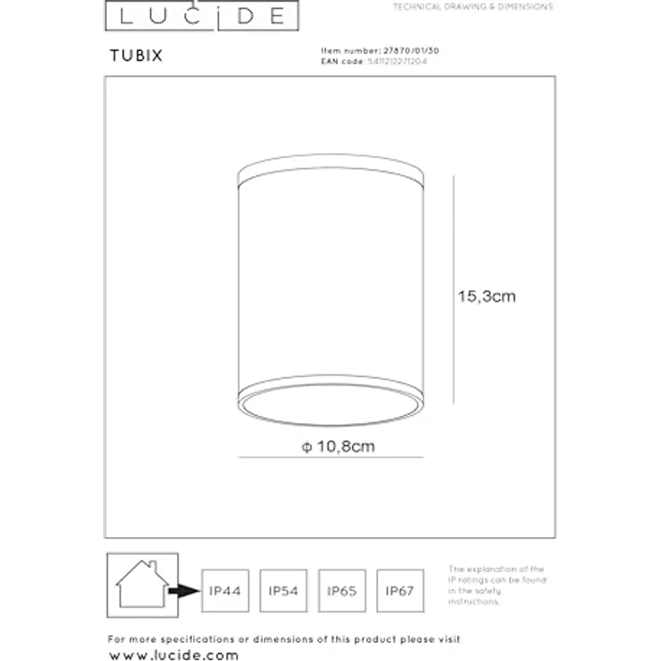 LUCIDE TUBIX Deckenstrahler Innen/Außen, Ø 10,8 cm, 1xE27, IP54, anthrazit, Aluminium gefertigt – Bild 5