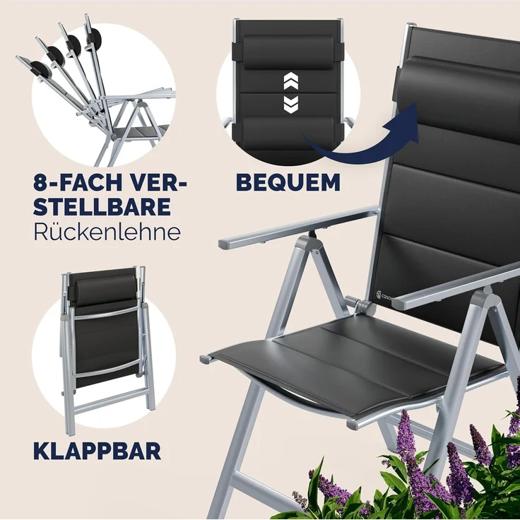 Casaria® Gartenstühle 2er Set Klappbar Gepolstert Alu 8- Fach Verstellbar 120 kg Belastbarkeit Wetterfest Outdoor Balkon Camping Hochlehner Klappstuhl – Bild 6