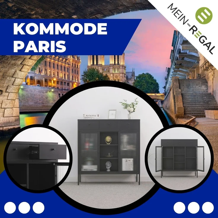 Mein-Regal Kommode Paris aus Metall mit Schubladen und Glastüren Schwarz – Bild 5