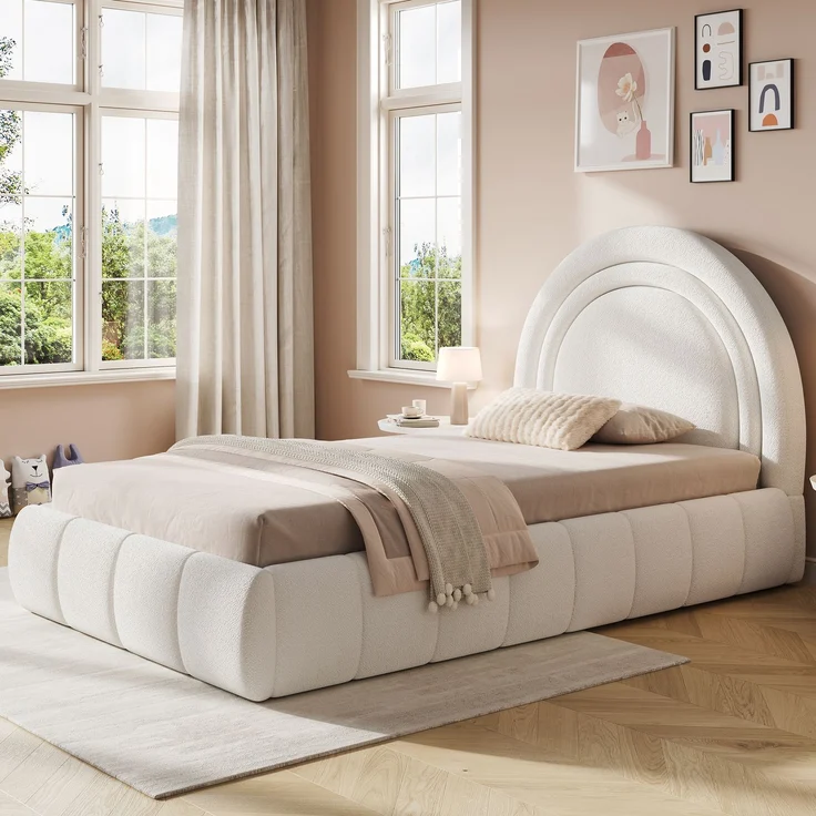 Merax Polsterbett, Einzelbett, Kinderbett 90 x 200cm, hydraulisches Funktionsbett, Bett mit Lattenrost, Kopfteil und großem Stauraum, gepolstertes Kopfteil, bouclé, beige – Bild 2