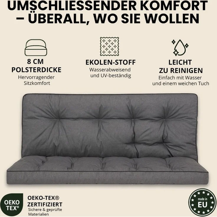 Hobbygarden Bankauflage Polsterauflage POLA 100, 120, 150 oder 180 cm, für Gartenbank & Hollywoodschaukel inkl. 2 Seitenkissen – Bild 3