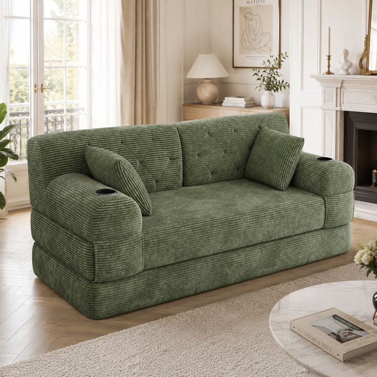 TavilaEcon 2-Sitzer Schlafsofa, komprimiertes Cord Sofa mit hoher Rückenlehne grün 81 × 80 × 168 cm (H × T × B) – Bild 10