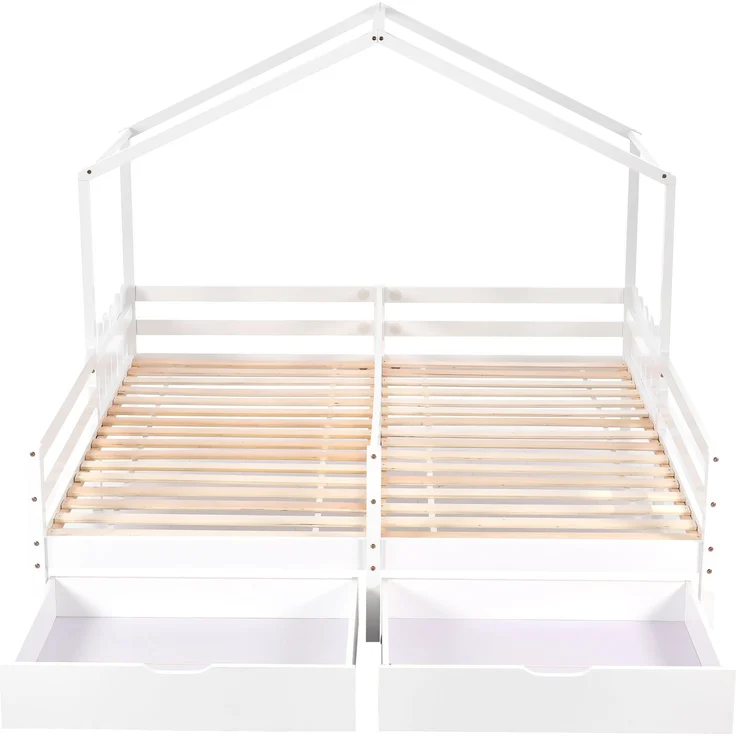 U-life Hausbett 90x200 cm, Doppelbett und Kinderbett, mit geteiltem Mittelzaun, 2 MDF-Schubladen und Sicherheitsgeländer, Kiefernholz, Weiß – Bild 8