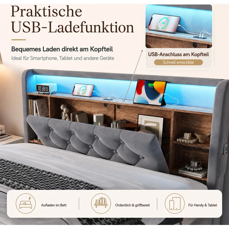 TavilaEcon Boxspringbett Samtbett, Polsterbett mit LED-Beleuchtung & USB-Ladefunktion grau Liegefläche 140 × 200 cm – Bild 5