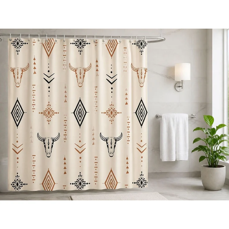 Duschvorhang mit Western-Indianer-Motiv, wasserdicht und schimmelresistent, Beige, 150 x 180 cm – Bild 2