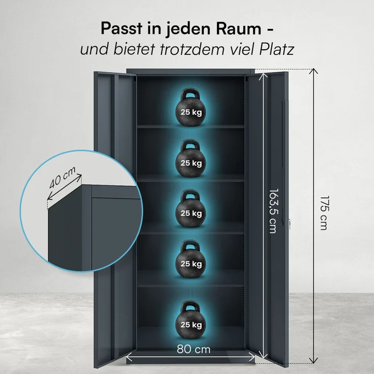 STEELSØN 'Regulus' Aktenschrank, Metall, anthrazit, 175x40x80 cm, abschließbar, Metallschrank mit 5 Fächern, geeignet als Werkzeugschrank – Bild 9