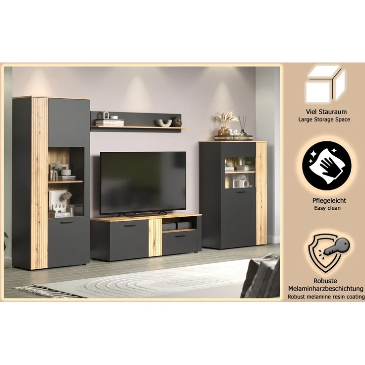 Wohnwand Avila in grau und Eiche Evoke 340 cm – Bild 15
