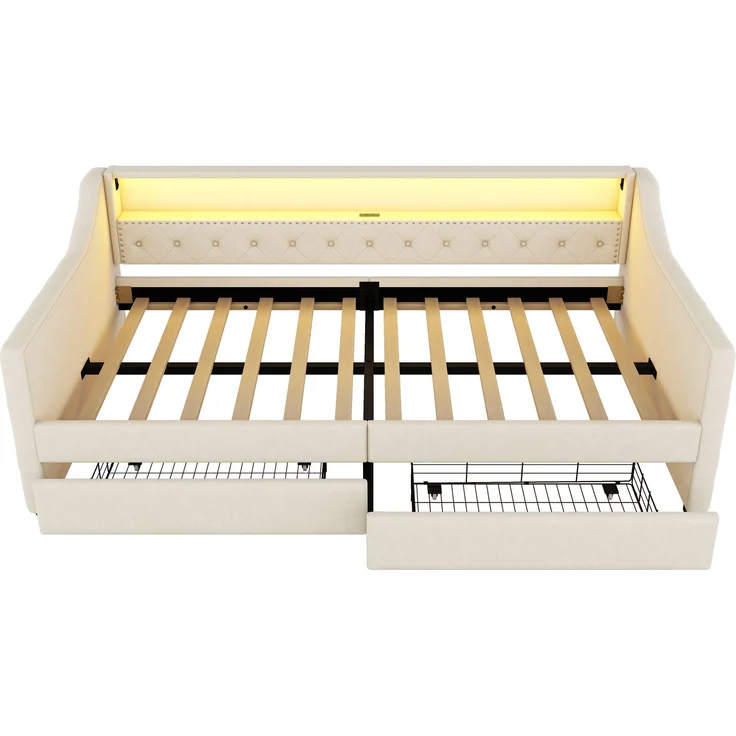 Bett 90x200 cm aus Leinen mit LED-Ambiente und Stauraum – Bild 9