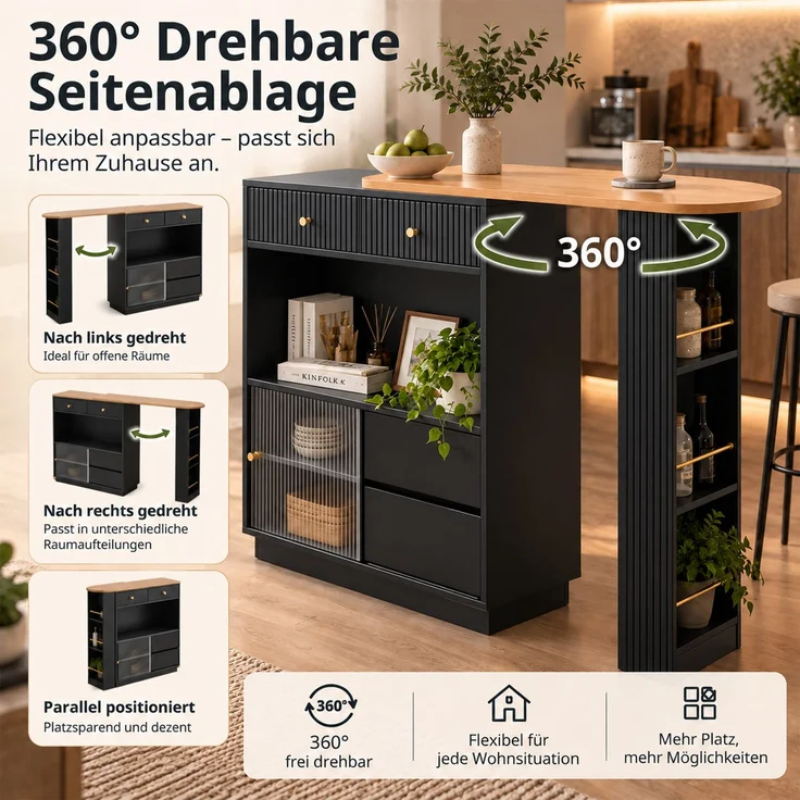 Drehbare Kücheninsel mit Bartheke, bis 183 cm ausziehbar, aus Spanplatte mit LED-Beleuchtung,H 100 x T 183 x B 30 cm – Bild 9
