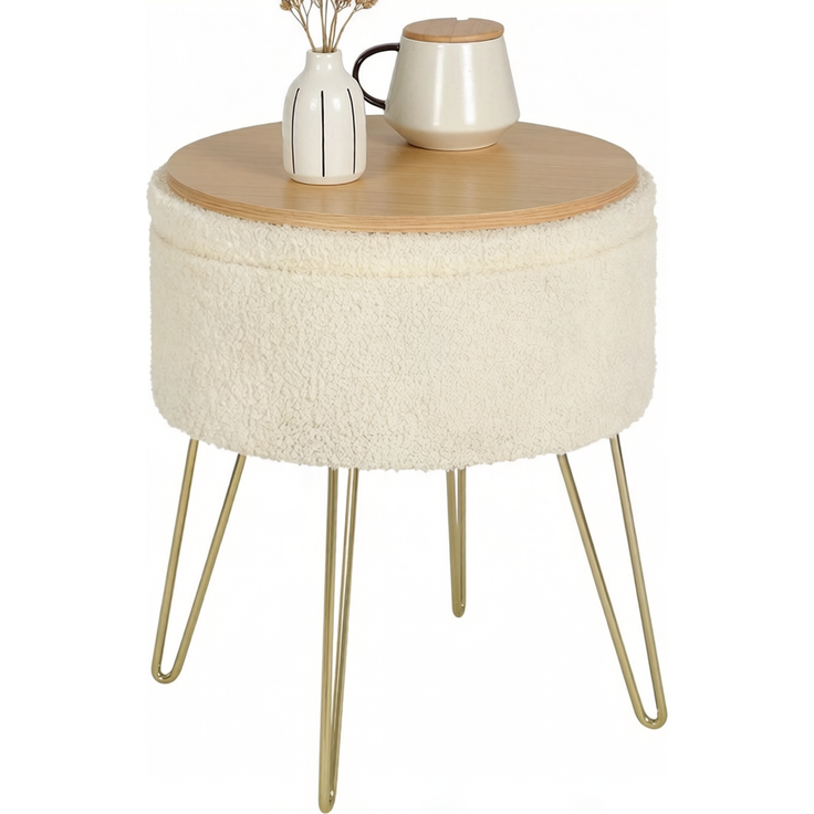 Fußhocker in Lammfell-Optik mit Stauraum und Wendedeckel, Ø 39x44 cm, Beige – Bild 3