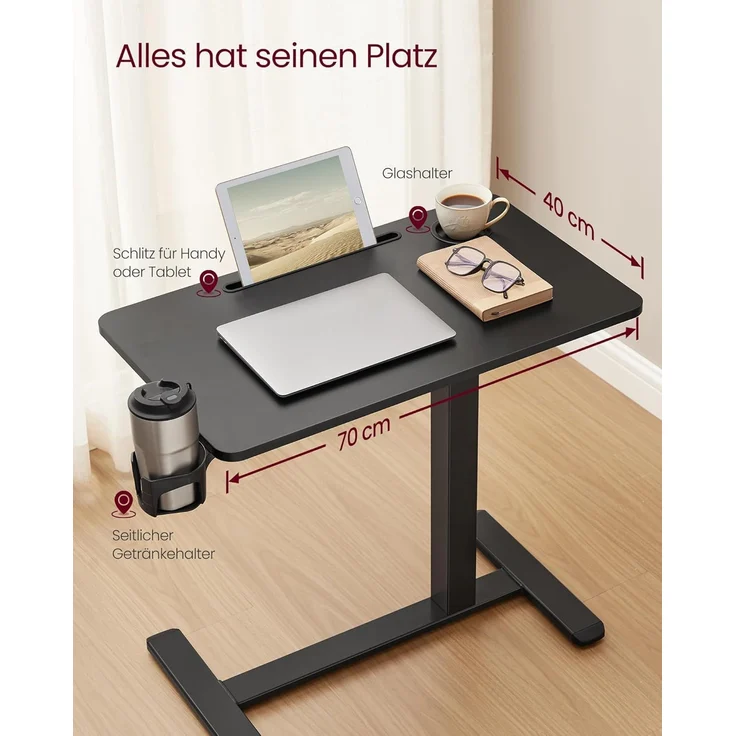 VASAGLE Beistelltisch mit Rollen, mobiler Stehtisch, 70x40 cm große Tischplatte, verstellbare Höhe, 2 Getränkehalter, Schlitz für Handy oder Tablet, tintenschwarz LSD600B01 – Bild 5