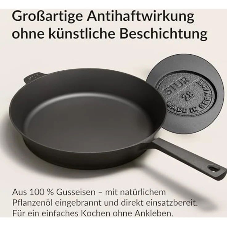 STUR Gusseisenpfanne Induktion 28 cm - Cast Iron Pan für alle Herdarten - Pfanne Gusseisen fein geschliffen - 100% Made in Germany - frei von künstlicher ANTIHAFT-BESCHICHTUNG & kratzfest – Bild 2
