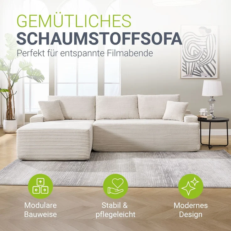 Juskys Sofa Coredo - modernes Cord Sofa mit Ottomane links, gemütliche Couch mit Schaumstoffpolsterung, Cordbezug & Kissen, modular - Beige – Bild 2