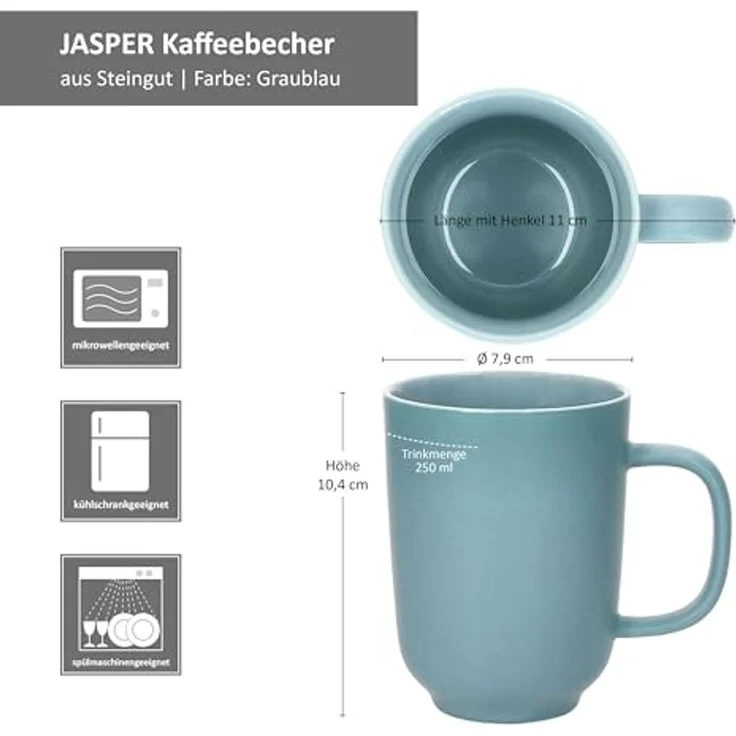 Ritzenhoff & Breker Becher Ritzenhoff 6x Jasper Kaffeebecher 250ml H10,4cm Graublau Tee-Tassen, Steingut – Bild 6