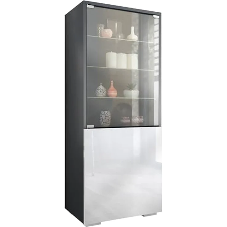 Vladon Standvitrine Granada (Vitrinenschrank, mit Glastür und Glaseinsatz) Anthrazit matt/Weiß Hochglanz (50 x 122,5 x 34,5 cm) – Bild 2