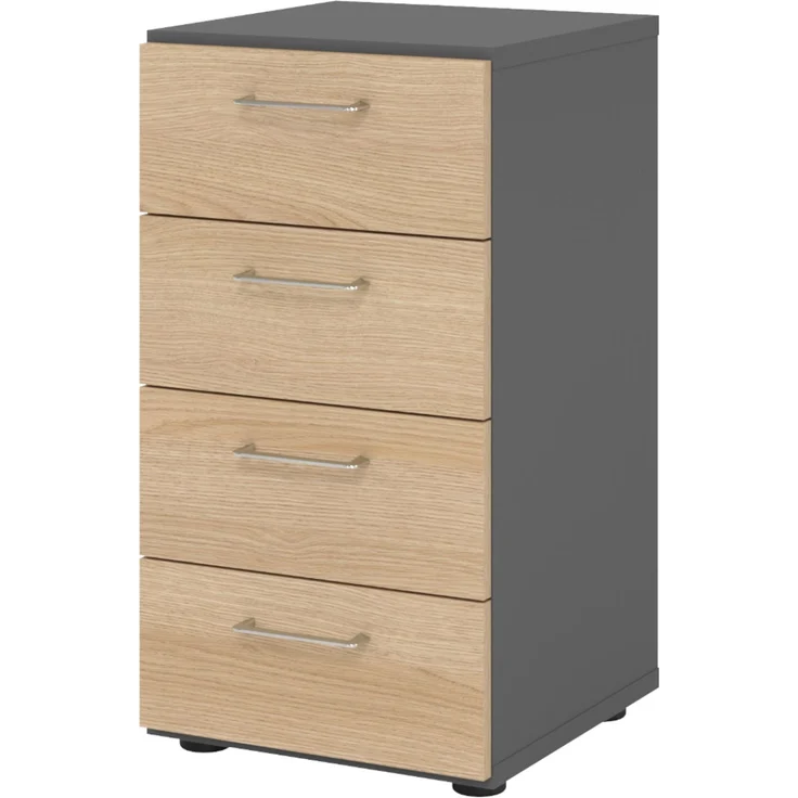 bümö smart Schubladenschrank, Büroschrank in Graphit/Eiche mit 4 Schüben - Bürocontainer aus Holz, Container mit Metallgriffen & Soft-Stop Schubladen, 924S4-G-E-BS